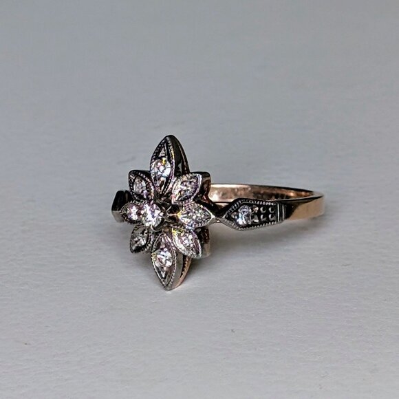 Antique Vintage Russian USSR Solid 14K Rose Pink White Gold Diamond Cluster Ring - Picture 4 of 15